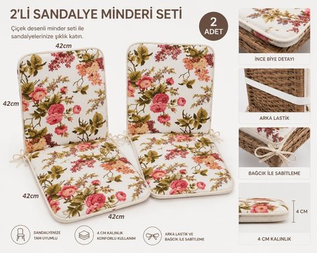 2 Adet Rattan Arkalıklı Sandalye Minderi (Kalınlık 4cm)-İngiliz Gülü (Pamuklu Kumaş)