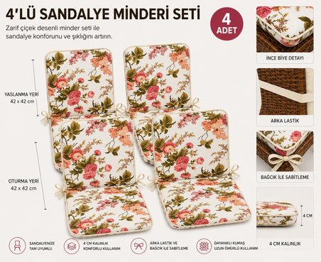 4 Adet Rattan Arkalıklı Sandalye Minderi (Kalınlık 4cm)-İngiliz Gülü (Pamuklu Kumaş)