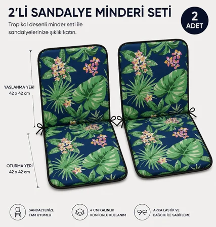 2 Adet Rattan Arkalıklı Sandalye Minderi (Kalınlık 4cm)-Tropikal Yeşil