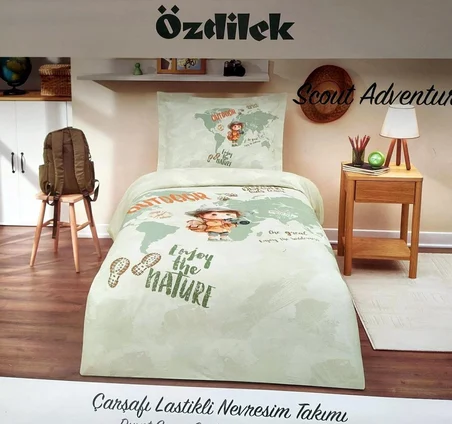 Özdilek Ranforce -Scout Adventure Yeşil- Lastikli Çarşaflı Tek Kişilik Çocuk Nevresim Takımı