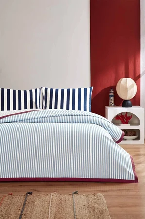Özdilek Rf -Cabana Line Mavi- Lastikli Çarşaflı Çift Kişilik Pike Takımı