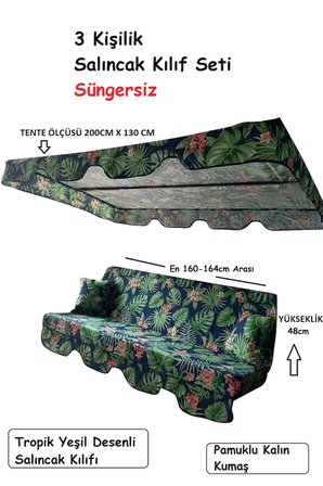 Süngersiz 3 Kişilik Salıncak Minder Seti (Kalın Pamuklu Kumaş)-Tropik Yeşil