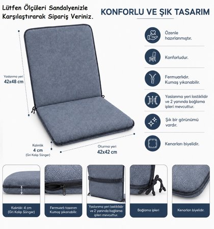 6 Adet Rattan Arkalıklı Sandalye Minderi (Kalınlık 4cm)-Primer Koyu Gri Yeni