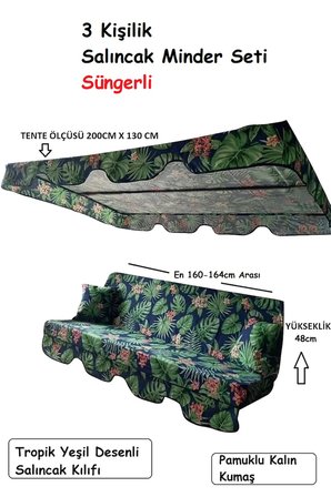 Süngerli 3 Kişilik Salıncak Minder Seti (Kalın Pamuklu Kumaş)-Tropik Yeşil