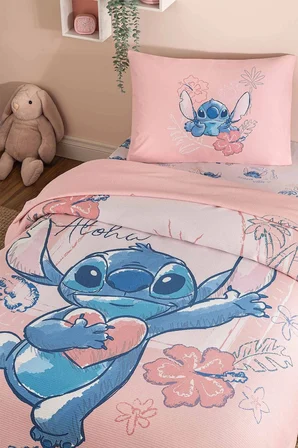 Özdilek Lisanslı Lastikli Çarşaflı Tek Kişilik Çocuk Pike Takımı-Stitch Aloha Pembe