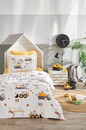 Özdilek Ranforce -Builder Sarı- Lastikli Çarşaflı Tek Kişilik Çocuk Nevresim Takımı