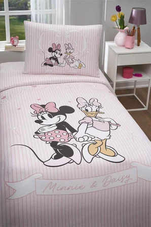 Özdilek Lisanslı Lastikli Çarşaflı Tek Kişilik Çocuk Pike Takımı-Minnie ve Daisy Pembe