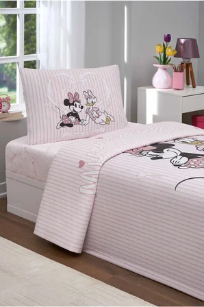 Özdilek Lisanslı Lastikli Çarşaflı Tek Kişilik Çocuk Pike Takımı-Minnie ve Daisy Pembe