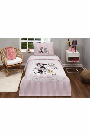 Özdilek Lisanslı Lastikli Çarşaflı Tek Kişilik Çocuk Pike Takımı-Minnie ve Daisy Pembe