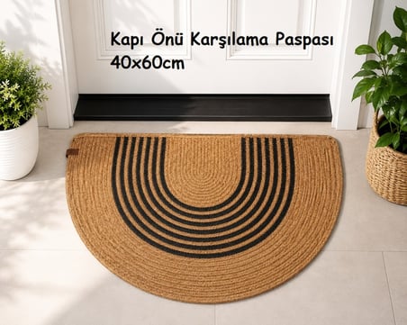 Jüt Hasır D Paspas, Kapı Önü Karşılama (40x60)-Bej Siyah Çizgili