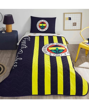 Taç Taraftar Lisanslı Pamuklu Tek Kişilik Yatak Örtüsü Seti (160x230)-Fenerbahçe Çubuklu