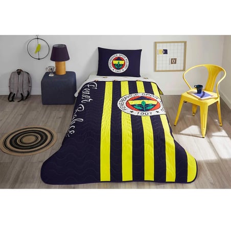 Taç Taraftar Lisanslı Pamuklu Tek Kişilik Yatak Örtüsü Seti (160x230)-Fenerbahçe Çubuklu