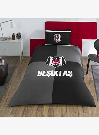 Taç Taraftar Lisanslı Ranforce Çarşafı Lastikli Tek Kişilik Nevresim Takımı-Beşiktaş Efsane 100