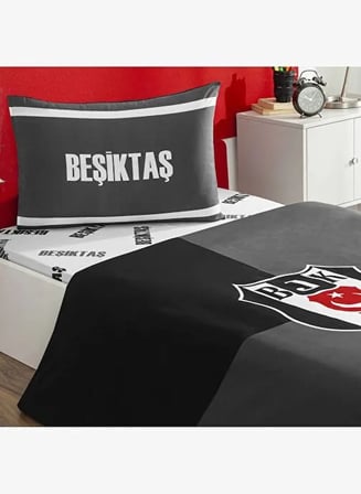 Taç Taraftar Lisanslı Ranforce Çarşafı Lastikli Tek Kişilik Nevresim Takımı-Beşiktaş Efsane 100