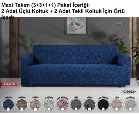 Altınkoza Still Jakarlı Streç Maxi Takım Koltuk Örtüsü (3+3+1+1)-İndigo