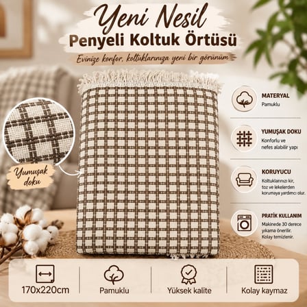 Yeni Nesil Penyeli Buldan Pamuklu Kaymaz Koltuk Örtüsü (170x220) - Kreme Kahve