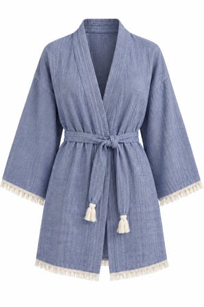 Kimono Müslin 2 Katlı Peştemal Bornoz (Beden L-XL) - İndigo