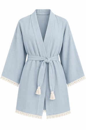 Kimono Müslin 2 Katlı Peştemal Bornoz (Beden L-XL) - Mavi Açık