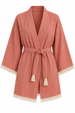 Kimono Müslin 2 Katlı Peştemal Bornoz (Beden L-XL) - Mercan
