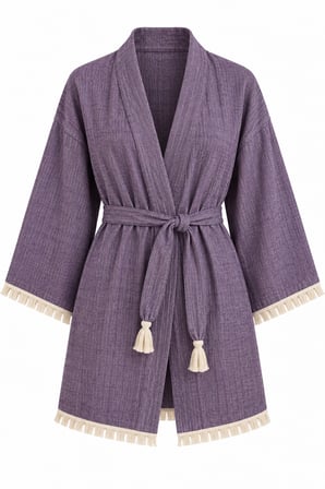 Kimono Müslin 2 Katlı Peştemal Bornoz (Beden L-XL) - Mor