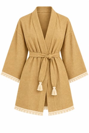 Kimono Müslin 2 Katlı Peştemal Bornoz (Beden L-XL) - Sarı