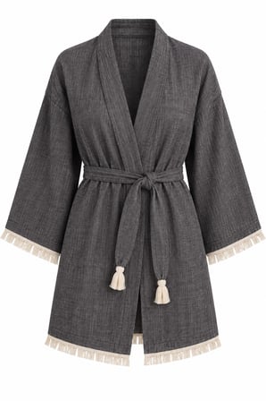 Kimono Müslin 2 Katlı Peştemal Bornoz (Beden L-XL) - Siyah