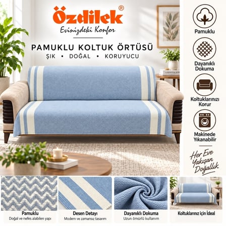 Özdilek Pamuklu Kaymaz Zigzag Koltuk Örtüsü (3+3) - İndigo