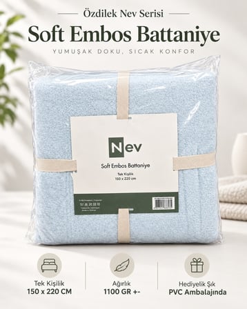 Özdilek Nev Serisi Soft Embos Tek Kişilik Battaniye (150x220) - Buz Mavi