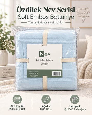 Özdilek Nev Serisi Soft Embos Çift Kişilik Battaniye (200x220) - Buz Mavi