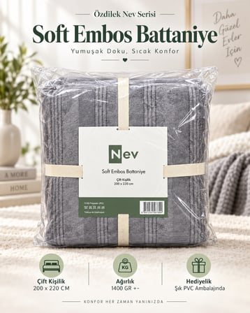 Özdilek Nev Serisi Soft Embos Çift Kişilik Battaniye (200x220) - Koyu Gri
