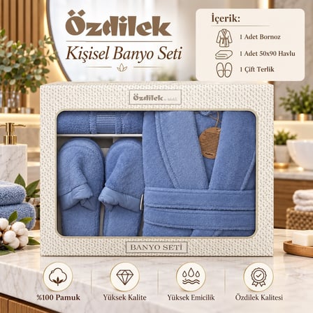 Özdilek Colourist Gök Mavi Kişisel Banyo Bornoz Seti (XL Beden)