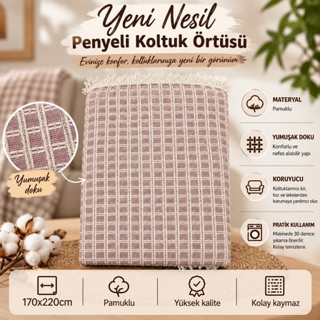 Yeni Nesil Penyeli Pamuklu Maxi Boy Kolları Kapatan Kaymaz Koltuk Örtüsü (170x300) - Bordo