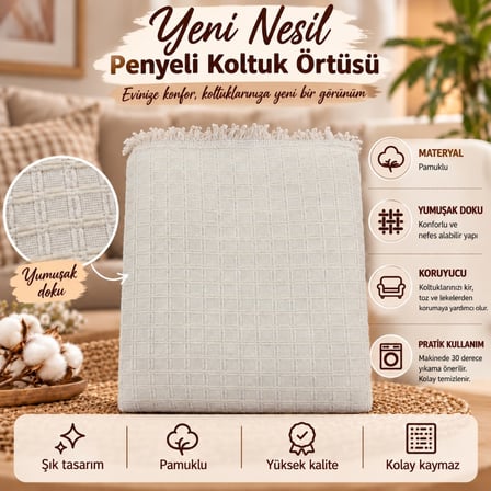 Yeni Nesil Penyeli Pamuklu Maxi Boy Kolları Kapatan Kaymaz Koltuk Örtüsü (170x300) - Krem