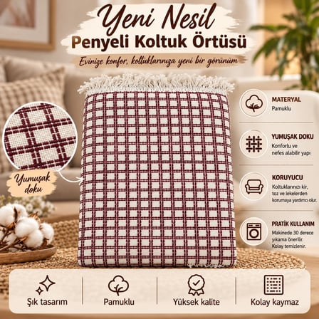 Yeni Nesil Penyeli Pamuklu Maxi Boy Kolları Kapatan Kaymaz Koltuk Örtüsü (170x300) - Kreme Bordo