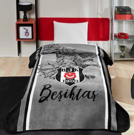 Taç Taraftar Lisanslı Tek Kişilik Battaniye (160x220)-BEŞİKTAŞ KARA KARTAL