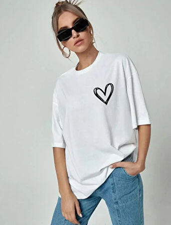 ModaSize Bisiklet Yaka Baskılı Oversize T-Shirt - Beyaz