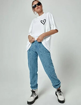 ModaSize Bisiklet Yaka Baskılı Oversize T-Shirt - Beyaz