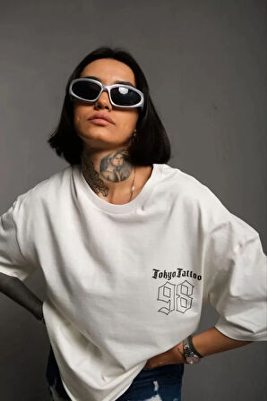 ModaSize Unisex Bisiklet Yaka Baskılı Oversize T-Shirt - Beyaz