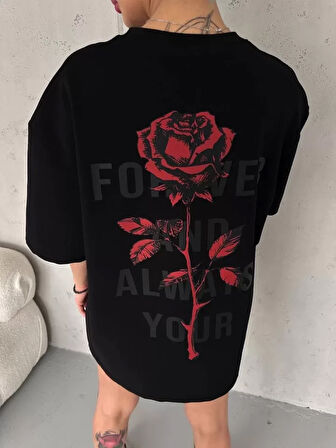 ModaSize Unisex Bisiklet Yaka Baskılı Oversize T-Shirt - Siyah