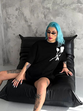 ModaSize Unisex Bisiklet Yaka Baskılı Oversize T-Shirt - Siyah