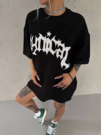 ModaSize Unisex Bisiklet Yaka Baskılı Oversize T-Shirt - Siyah