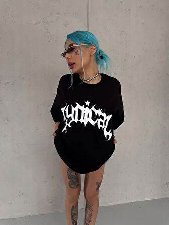ModaSize Unisex Bisiklet Yaka Baskılı Oversize T-Shirt - Siyah