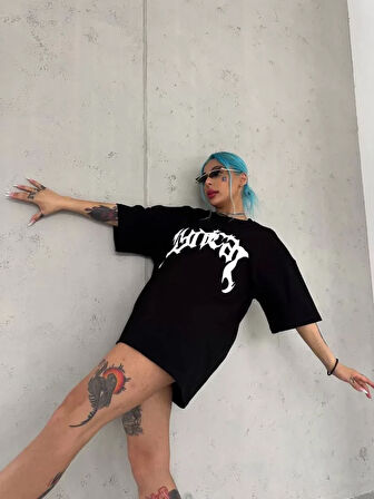 ModaSize Unisex Bisiklet Yaka Baskılı Oversize T-Shirt - Siyah