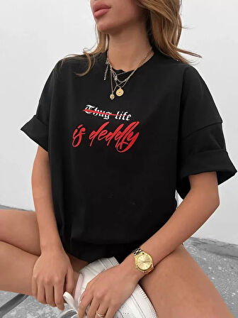 ModaSize Unisex Bisiklet Yaka Baskılı Oversize T-Shirt - Siyah