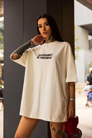 ModaSize Unisex Bisiklet Yaka Baskılı Oversize T-Shirt - Beyaz