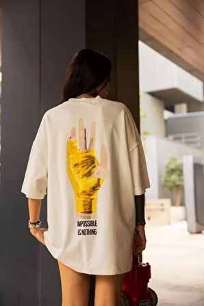 ModaSize Unisex Bisiklet Yaka Baskılı Oversize T-Shirt - Beyaz