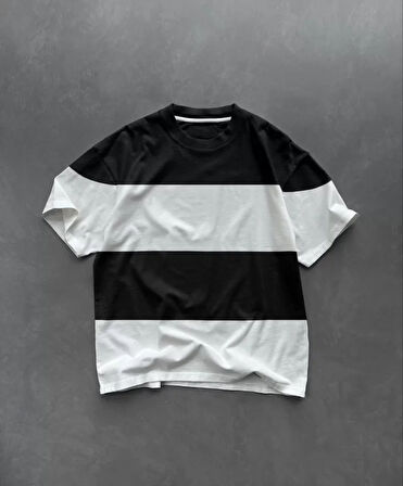 ModaSize Unisex Bisiklet Yaka Parçalı T-Shirt - Siyah