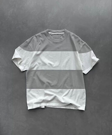 ModaSize Unisex Bisiklet Yaka Parçalı T-Shirt - Gri
