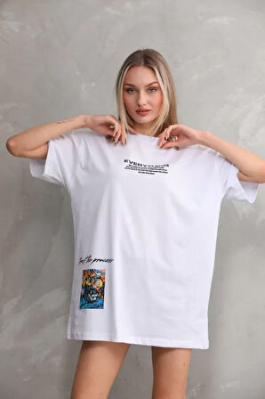 ModaSize Unisex Bisiklet Yaka Baskılı Oversize T-Shirt - Beyaz