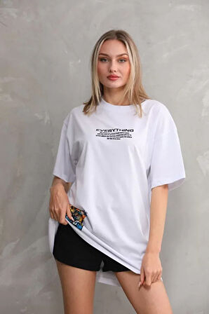 ModaSize Unisex Bisiklet Yaka Baskılı Oversize T-Shirt - Beyaz
